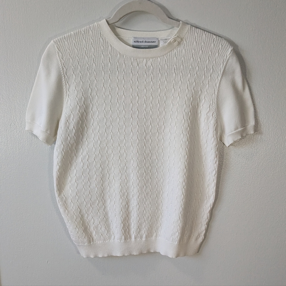 Alfred Dunner White Crew Neck Sweater with Short Sleeves and Textured Knit